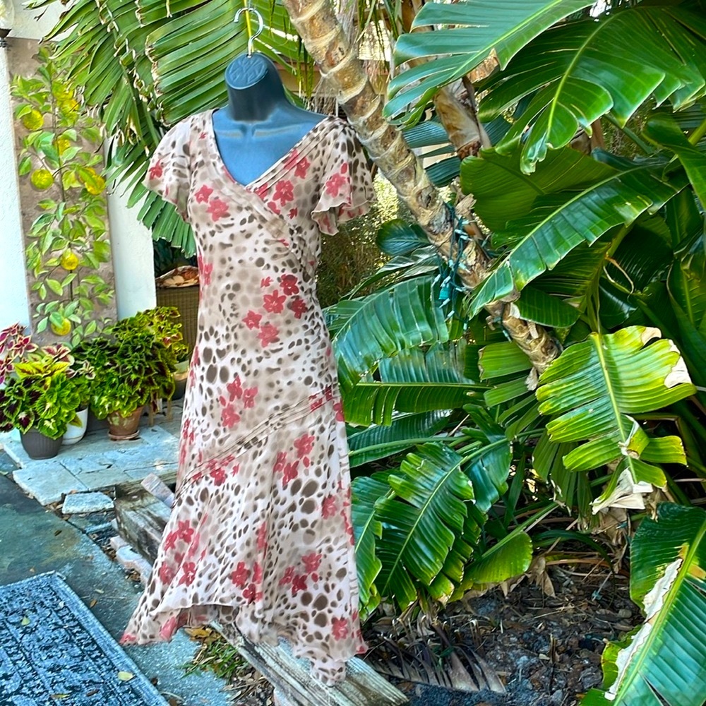 Adriana Papel, leopard print floral silk asymmetric dress